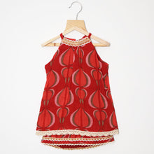 Load image into Gallery viewer, Block Printed Halter Neck With Crochet Detail Layered Tunic Dress- Yellow &amp; Red
