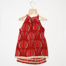 Load image into Gallery viewer, Block Printed Halter Neck With Crochet Detail Layered Tunic Dress- Yellow &amp; Red
