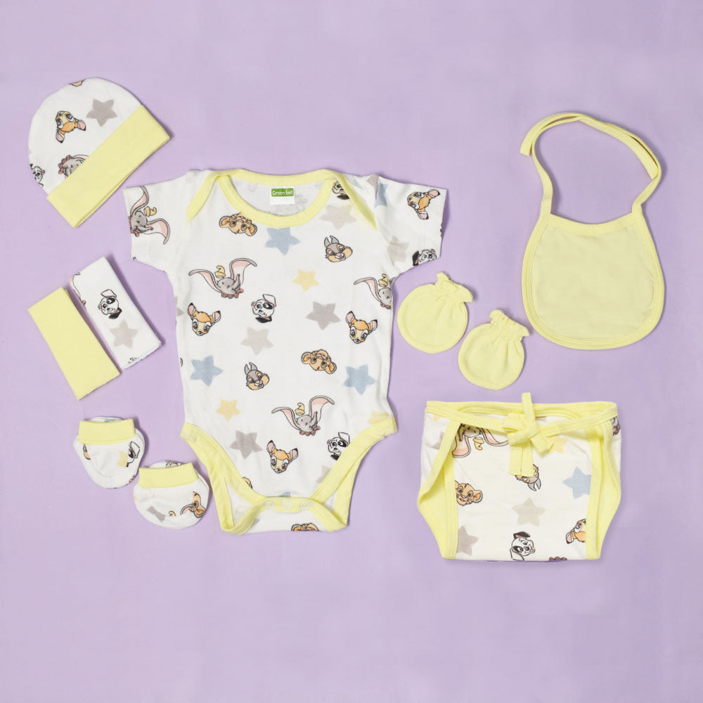Yellow Animal Printed Cotton Newborn First Gift Set- 7 Piece