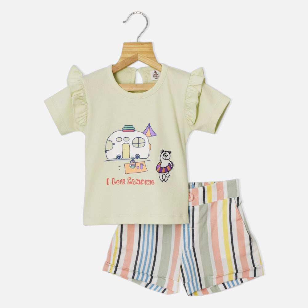 Green & Peach Camping Theme Top With Striped Shorts