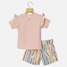 Load image into Gallery viewer, Green &amp; Peach Camping Theme Top With Striped Shorts
