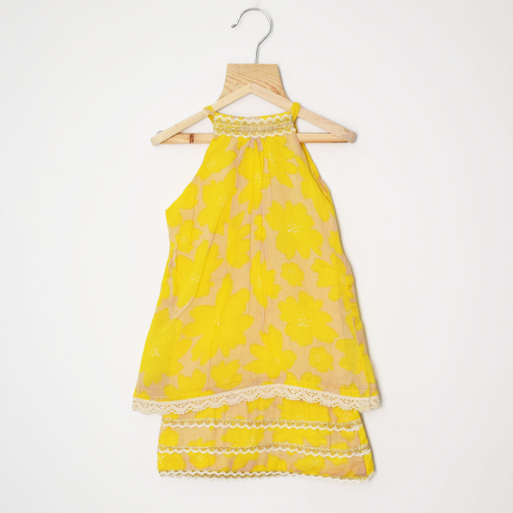 Block Printed Halter Neck With Crochet Detail Layered Tunic Dress- Yellow & Red