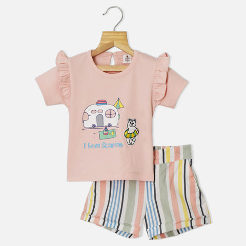 Green & Peach Camping Theme Top With Striped Shorts