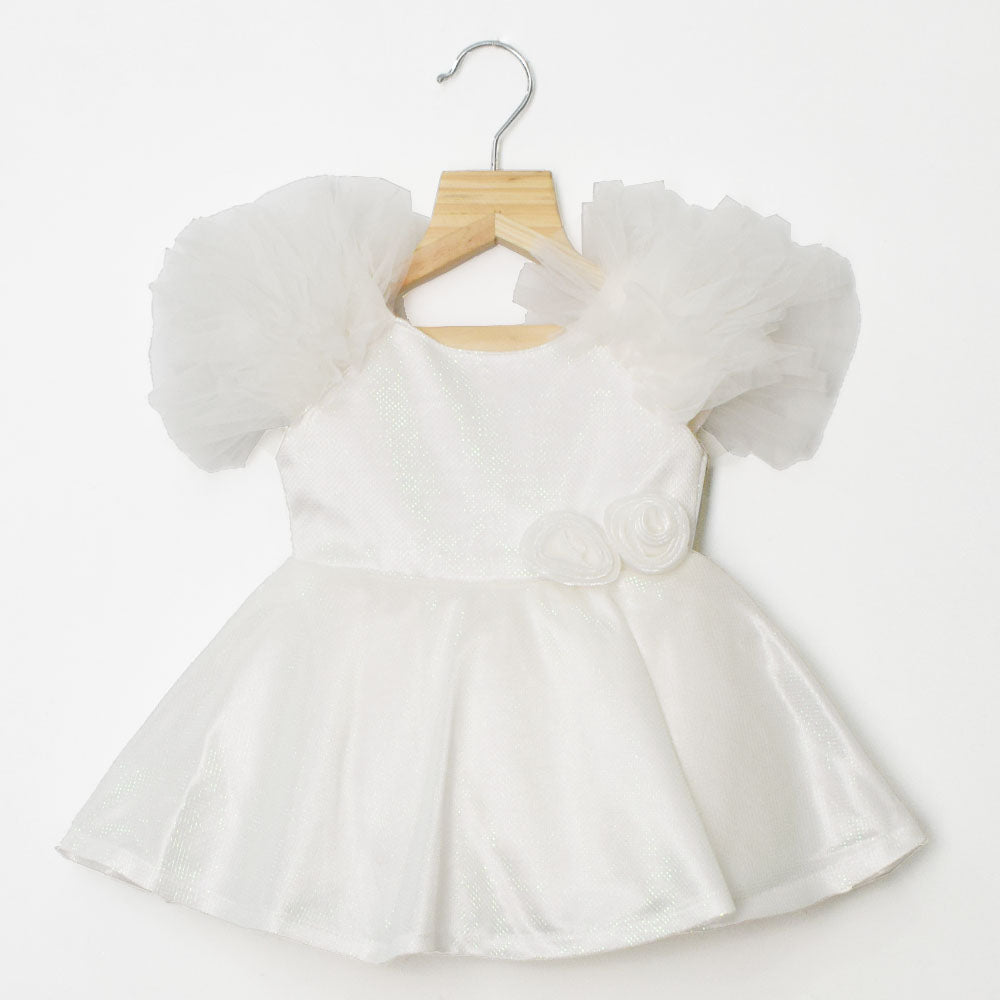 Pink & White Shine Ruffled Sleeves Party Dress
