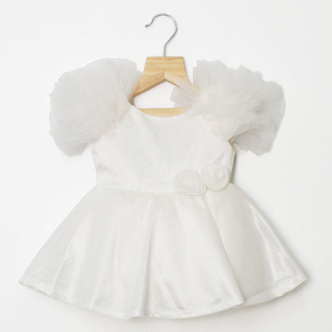 Pink & White Shine Ruffled Sleeves Party Dress