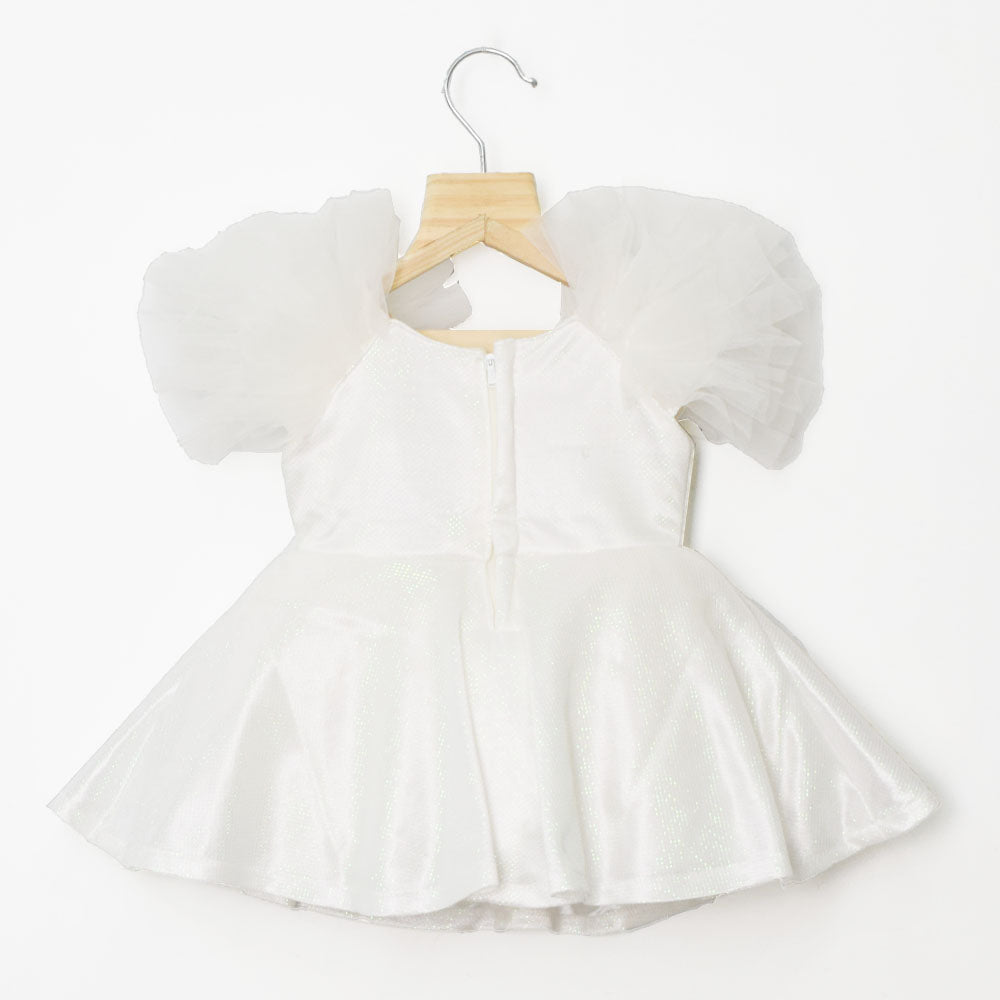 Pink & White Shine Ruffled Sleeves Party Dress