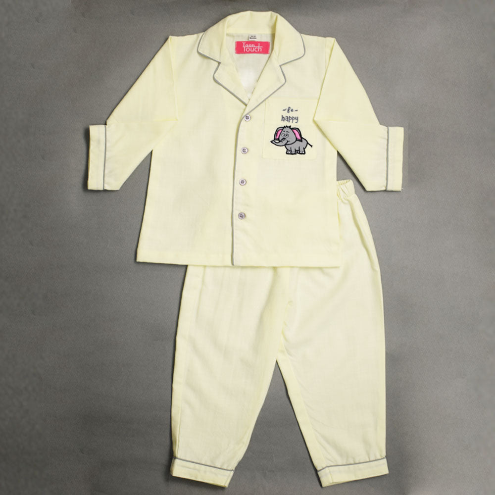 Yellow Elephant Embroidered Pocket Full Sleeves Cotton Nightsuit