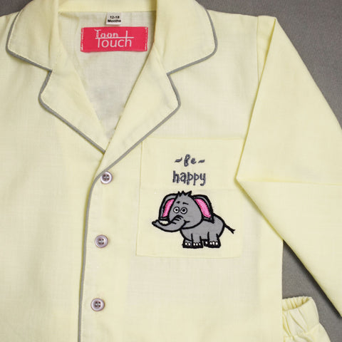Yellow Elephant Embroidered Pocket Full Sleeves Cotton Nightsuit