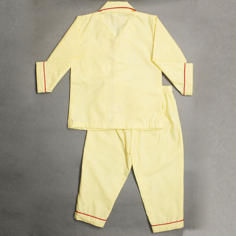 Yellow Car Embroidered Pocket Full Sleeves Cotton Nightsuit