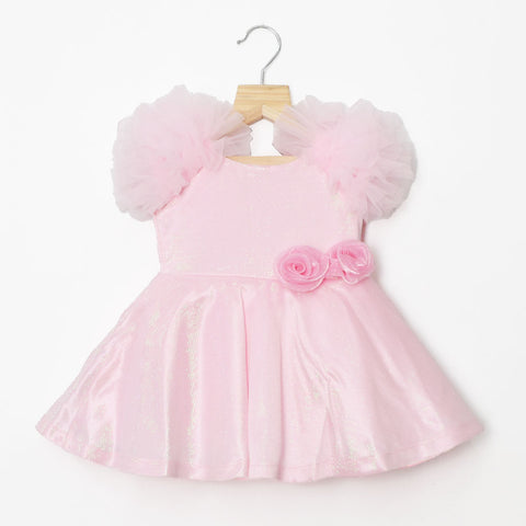 Pink & White Shine Ruffled Sleeves Party Dress
