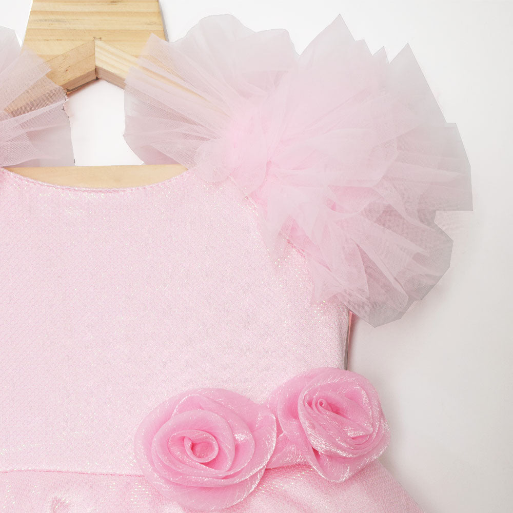 Pink & White Shine Ruffled Sleeves Party Dress