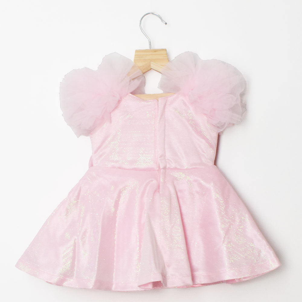 Pink & White Shine Ruffled Sleeves Party Dress