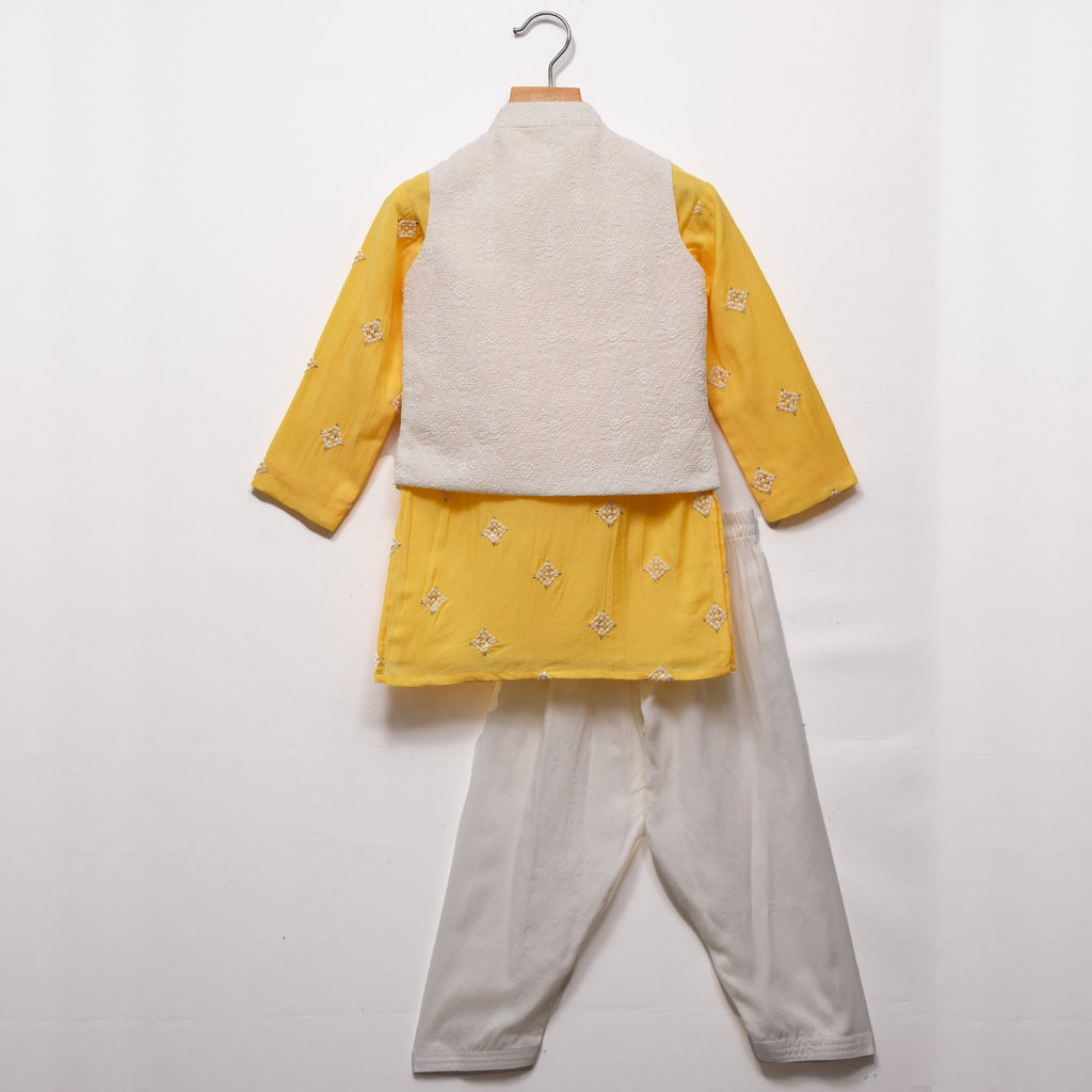 Yellow Square Printed Kurta Pyjama With Thread Work Koti Jacket