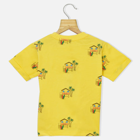 Yellow Graphic Printed Crew Neck Cotton T-Shirt