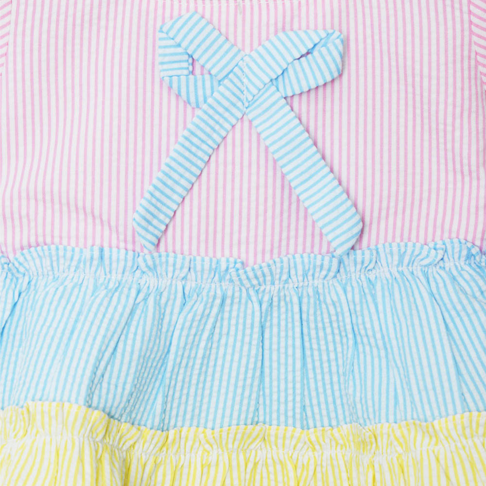 Blue Striped Printed Tiered Half Sleeves Frock