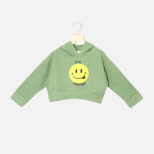 Load image into Gallery viewer, Olive Front Smiley Hooded Full Sleeves Crop Top
