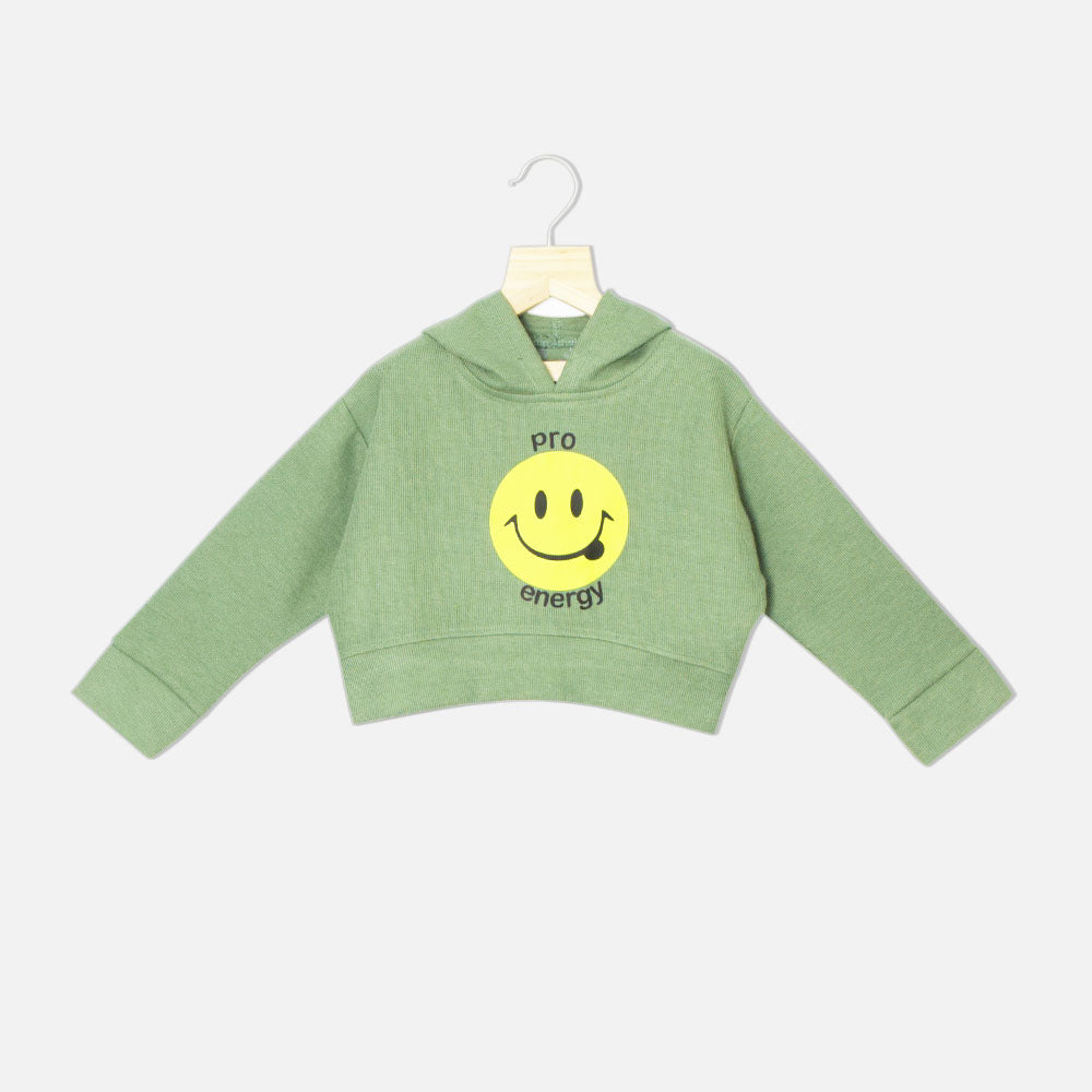 Olive Front Smiley Hooded Full Sleeves Crop Top