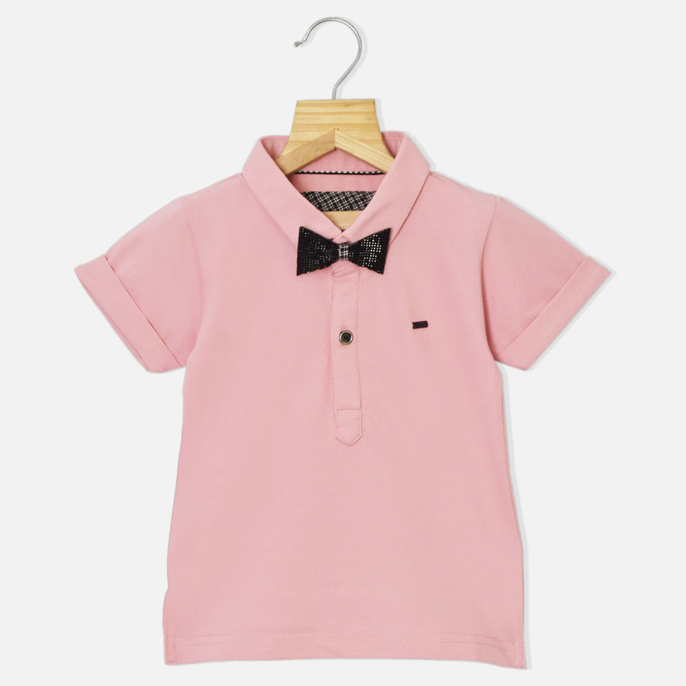 Pink Half Sleeves T-Shirt With Black Embellished Bow Tie