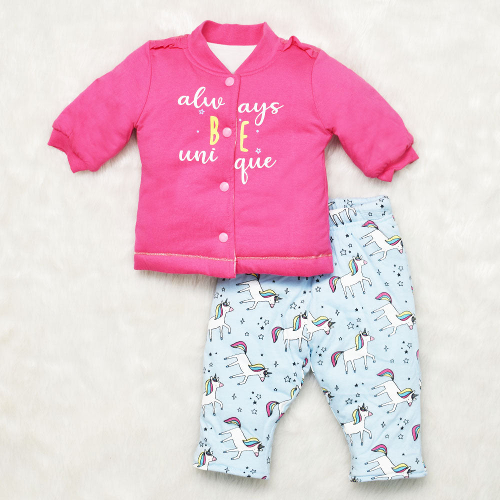 Pink Always Be Unique Full Sleeves Winter Jacket With Blue Unicorn Printed Pant