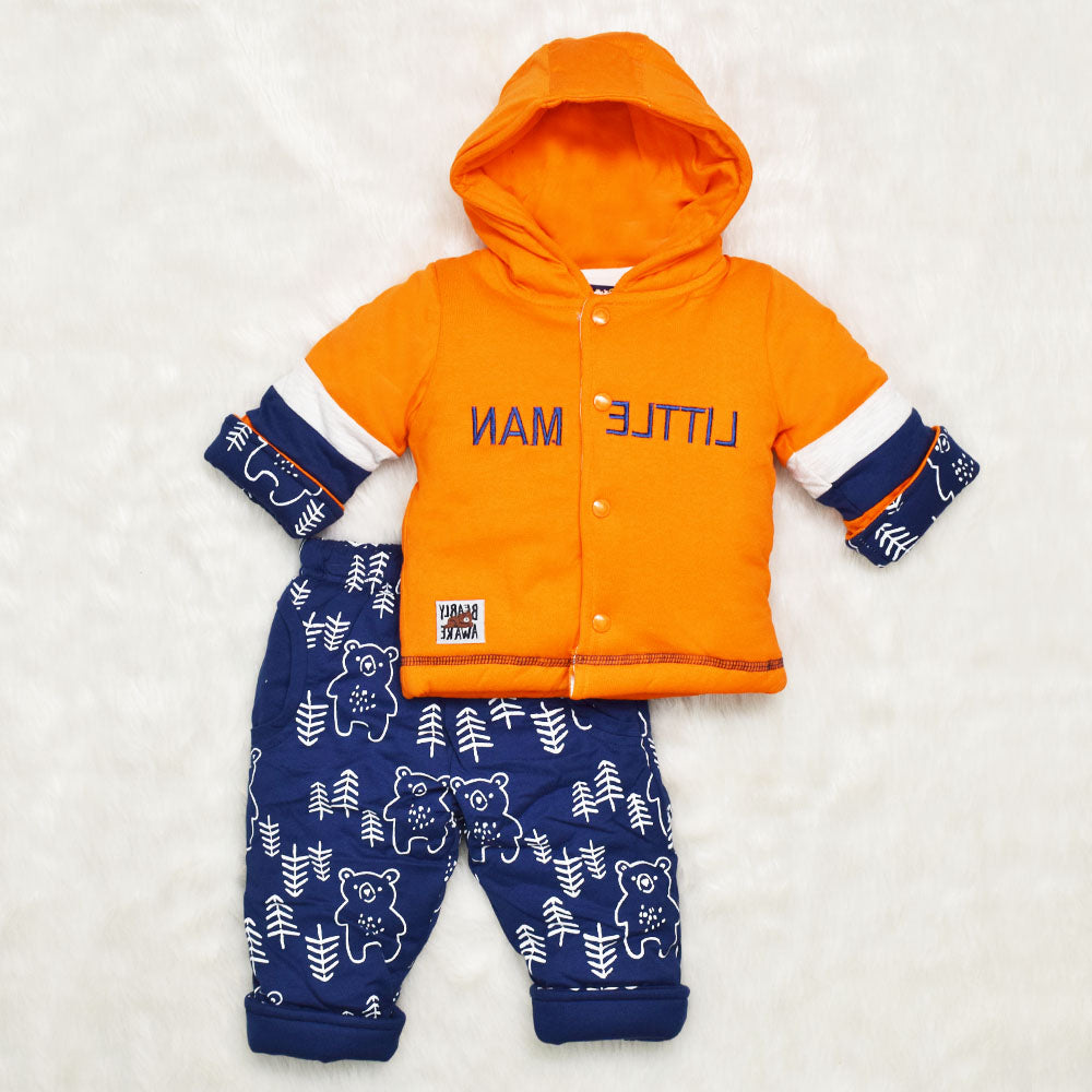 Orange Little Man Embroidered Winter Jacket With Navy Pant