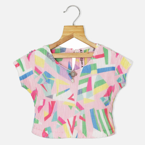 Yellow & Pink Abstract Printed Pleated Top