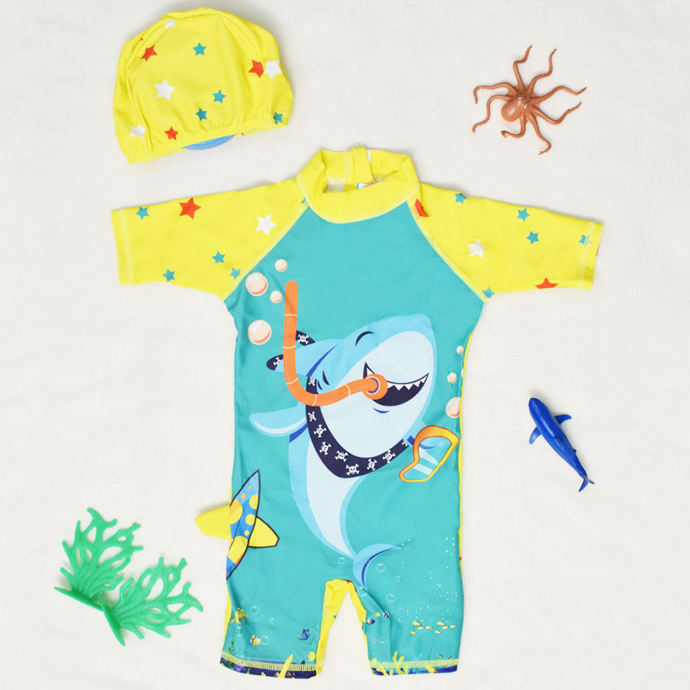 Green Fish Theme Swimsuit With Cap
