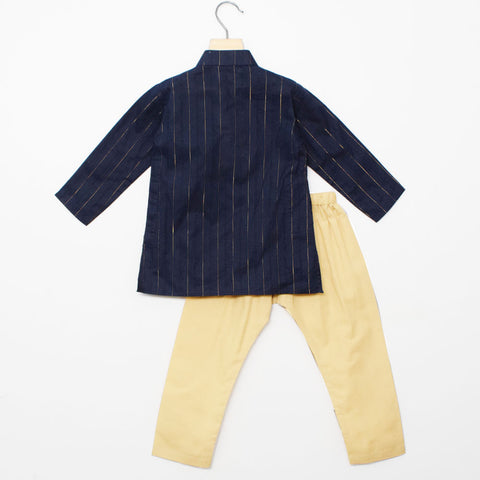 Navy & Gold Striped Cotton Kurta With Beige Pajama