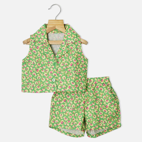 Pink & Green Lapel Collar Top With Shorts Co-Ord Set