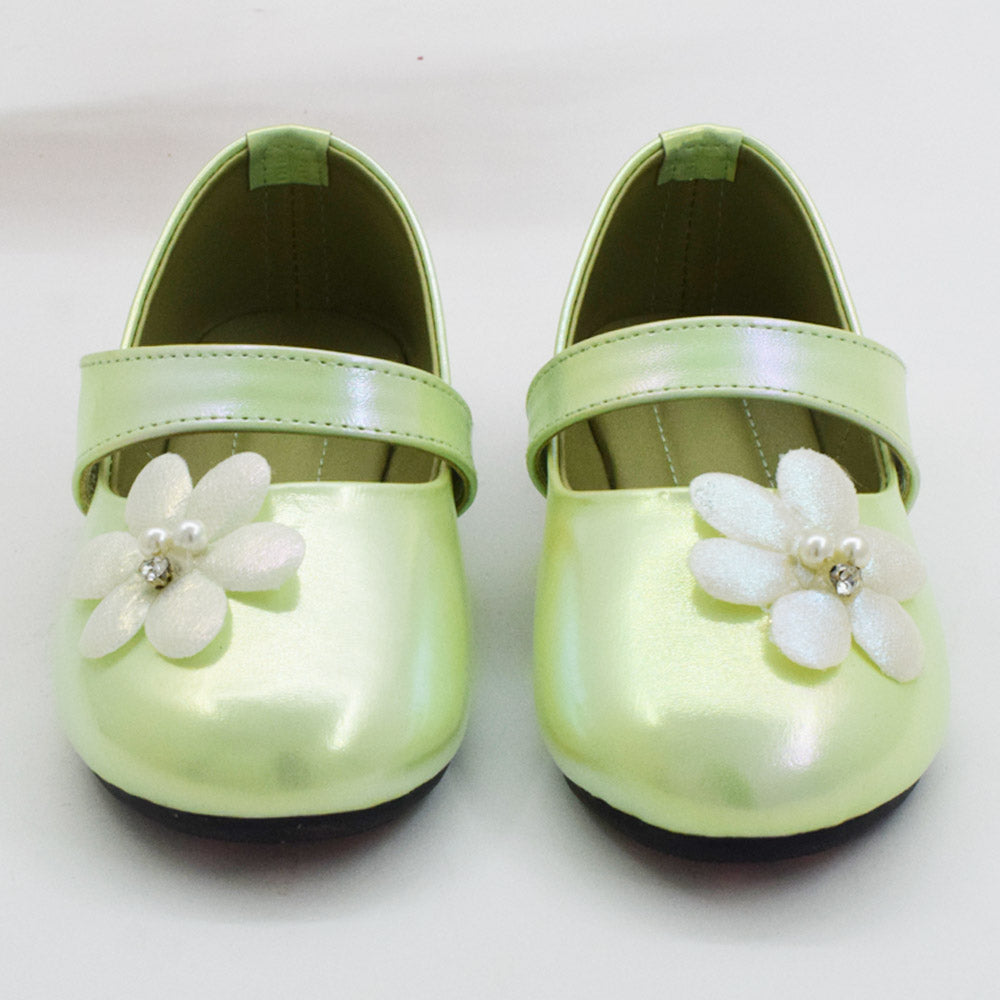 Holographic Velcro Closure Ballerina With Flower Embellished- Green & Purple
