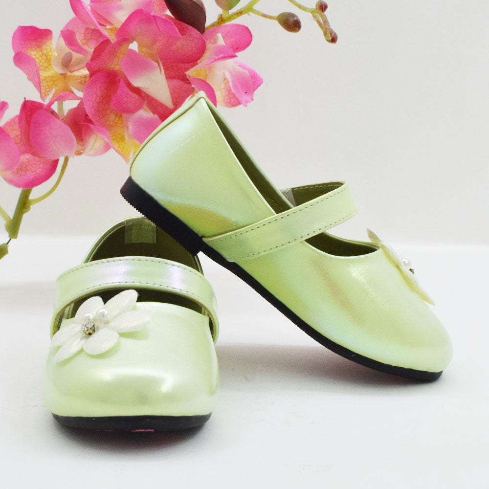 Holographic Velcro Closure Ballerina With Flower Embellished- Green & Purple