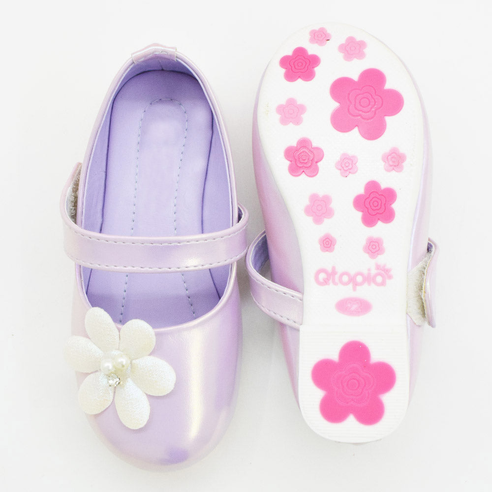 Holographic Velcro Closure Ballerina With Flower Embellished- Green & Purple