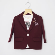 Load image into Gallery viewer, Wine Blazer With White Typographic Half Sleeves T-Shirt
