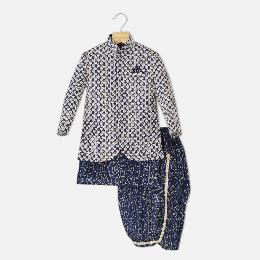Blue Bandhani Kurta & Dhoti With Thread Sequins Embroidered Sherwani Jacket