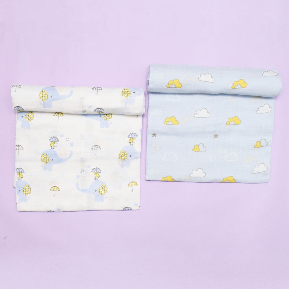 White & Blue Animal Printed Muslin Swaddles- Pack Of 2