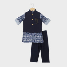 Load image into Gallery viewer, Black &amp; Blue Aztec Printed Kurta With Nehru Jacket &amp; Pajama
