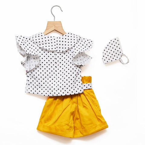 Polka Dots White Top With Yellow Shorts And Mask