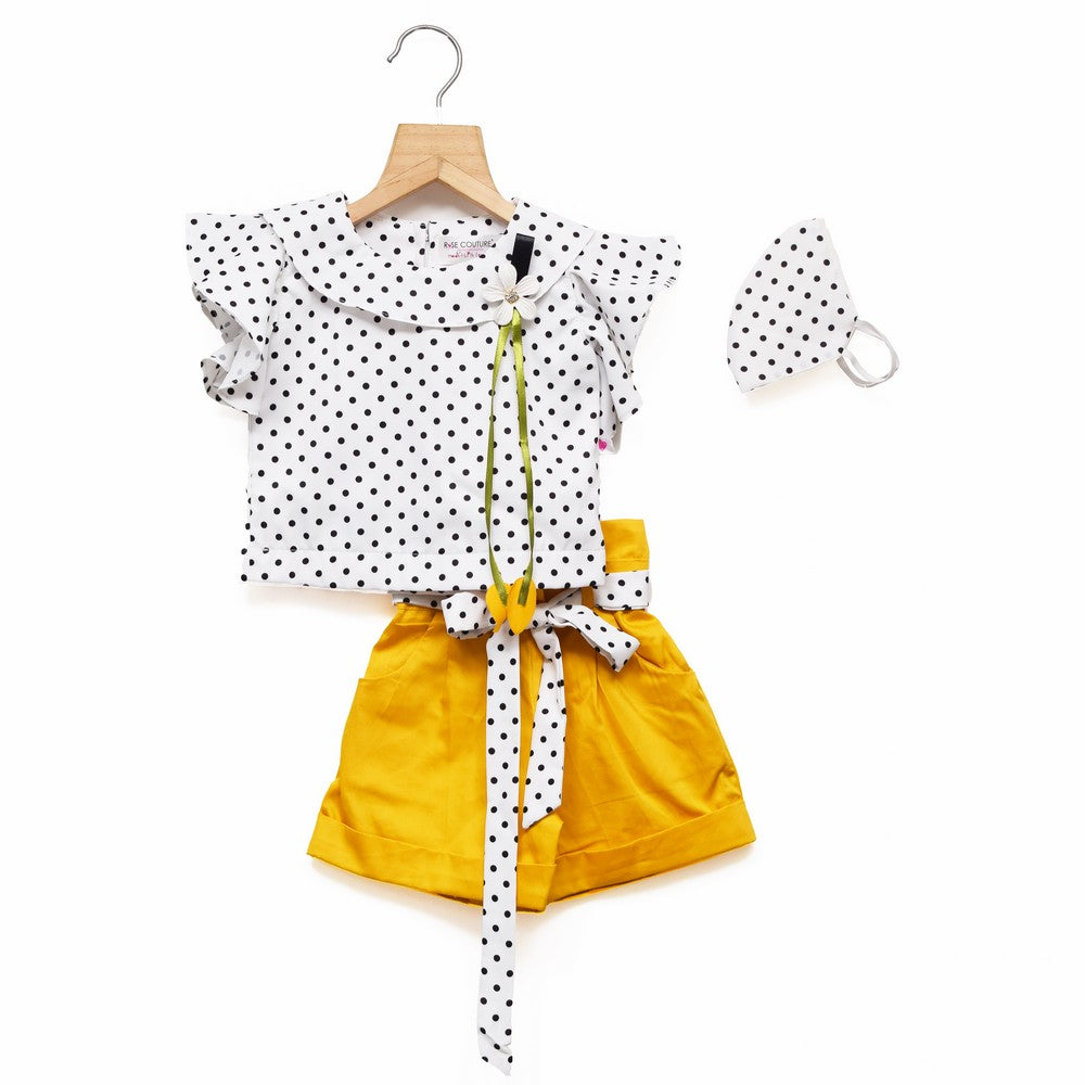 Polka Dots White Top With Yellow Shorts And Mask