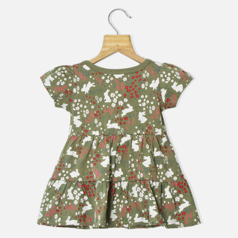 Green Bunny Theme Tiered Dress With Bloomer