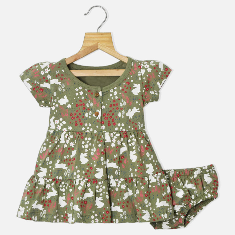 Green Bunny Theme Tiered Dress With Bloomer