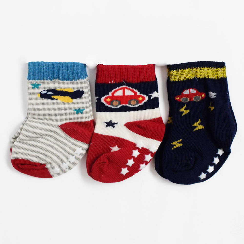 Red And Navy Blue Vehicle Theme Socks - Pack Of 3