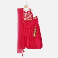 Load image into Gallery viewer, Pink Embroidered Choli With Layered Lehenga &amp; Dupatta
