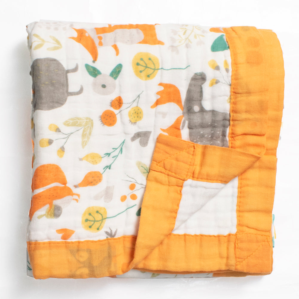 Forest Theme Quilted Muslin Blanket- White & Orange