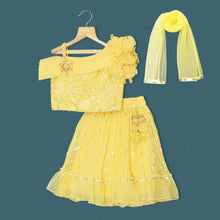 Load image into Gallery viewer, Yellow Embroidered Ruffle Sleeves Choli With Checked Frill Hem Lehenga &amp; Dupatta
