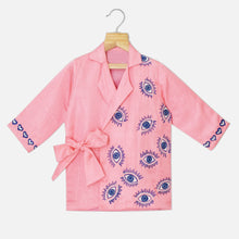 Load image into Gallery viewer, Pink Eye Embroidered Wrapped Blazer With Blue Skirt
