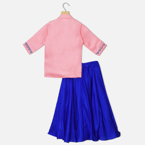 Pink Eye Embroidered Wrapped Blazer With Blue Skirt