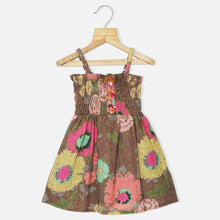 Load image into Gallery viewer, Floral Printed Chikankari Schiffli Embroidered Cotton Smocked Dress-Blue &amp; Brown
