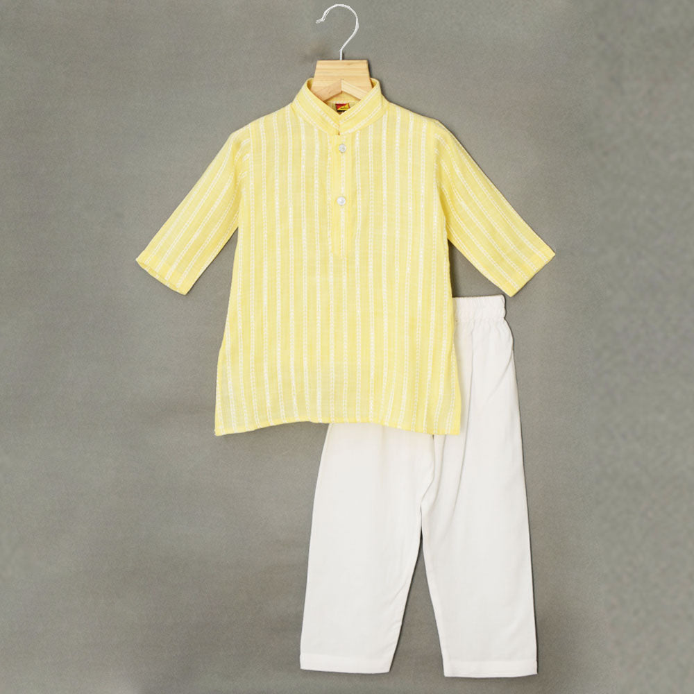 Yellow & Golden Striped Kurta With White Pajama