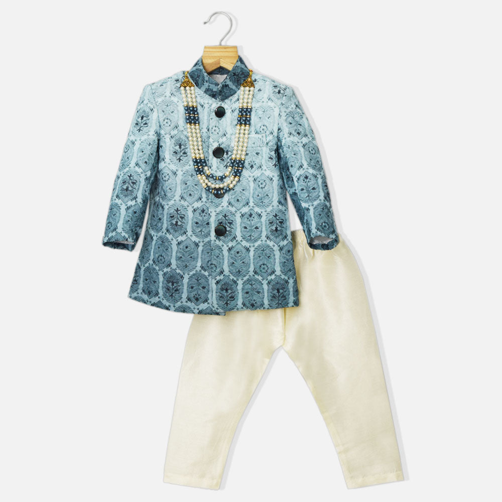 Teal Ombre Embroidered Sherwani Set With Mala