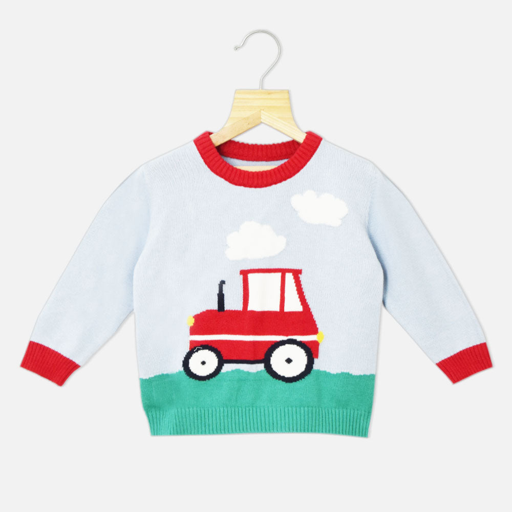 Light Blue Tractor Theme Full Sleeves Sweater