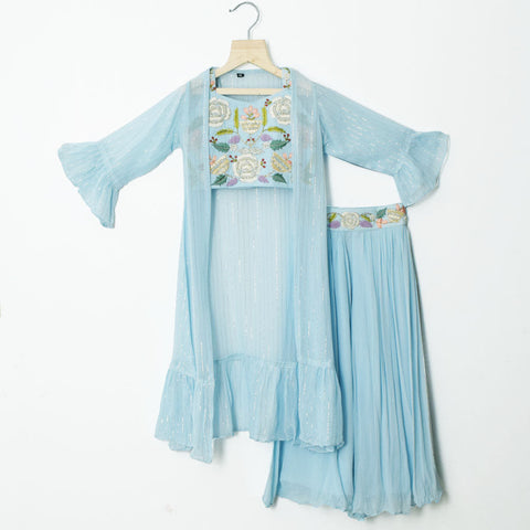 Blue & Pink Embroidered Crop Top With Palazzo & Shrug